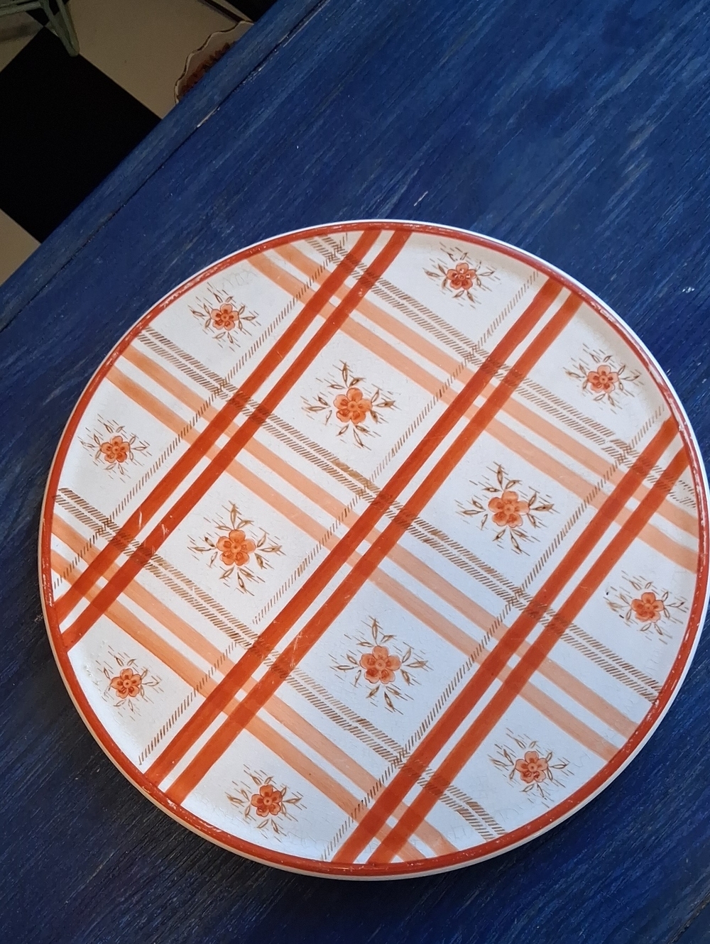 Vintage Serving Plate w Plaid & Floral Design 12"